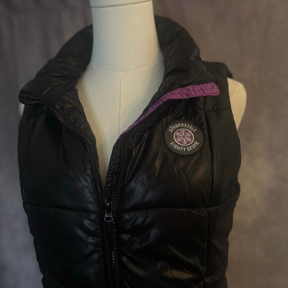 Aeropostale Women’s Medium Black Puffer Vest Purple  Pink Blue Leopard Lining - Picture 14 of 15
